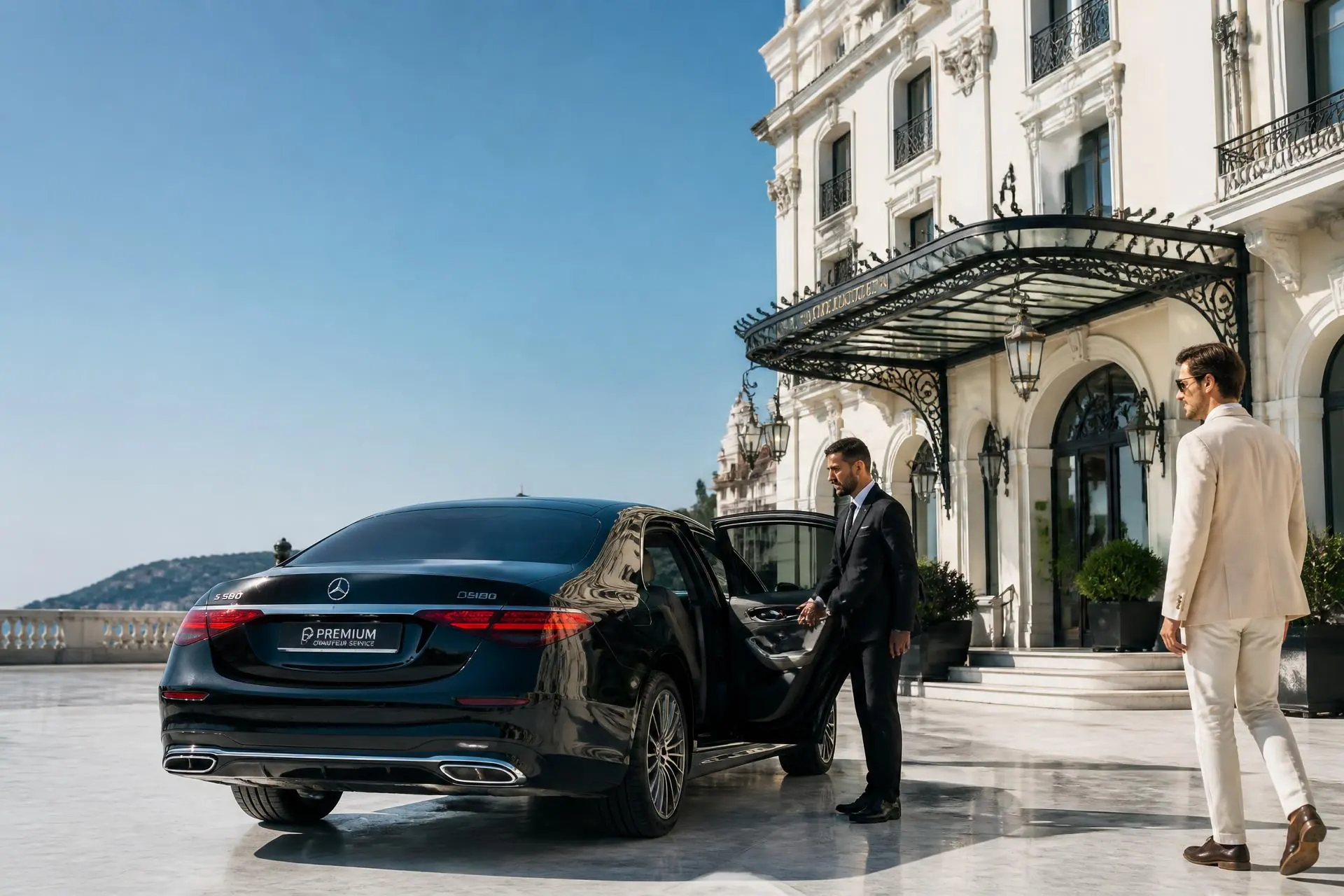 Chauffeur hält die Tür einer schwarzen Limousine vor einem sonnendurchfluteten Grandhotel